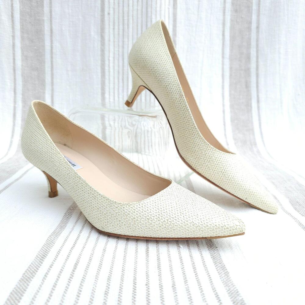 LK Bennett Kitten Heels Womens 7 Cream White Gold Shimmer Pointed Wedding Shoes